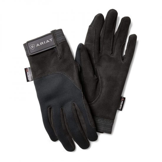 Black suede insulated riding gloves with velcro tab at the wrist
